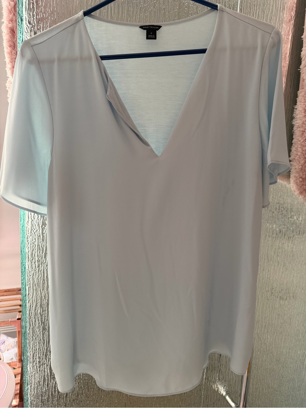 Ann Taylor Mixed Media Pale Blue V-Neck Short Sleeve Blouse